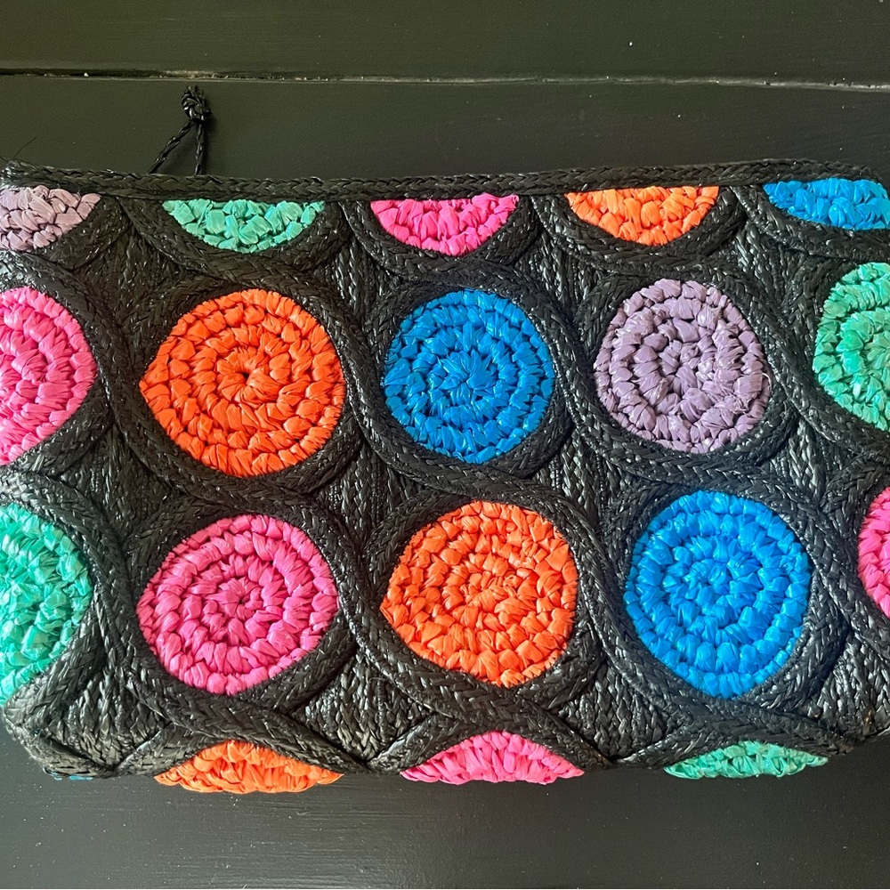 Vintage Black and Pink Clutch with Whimsical Circular Design